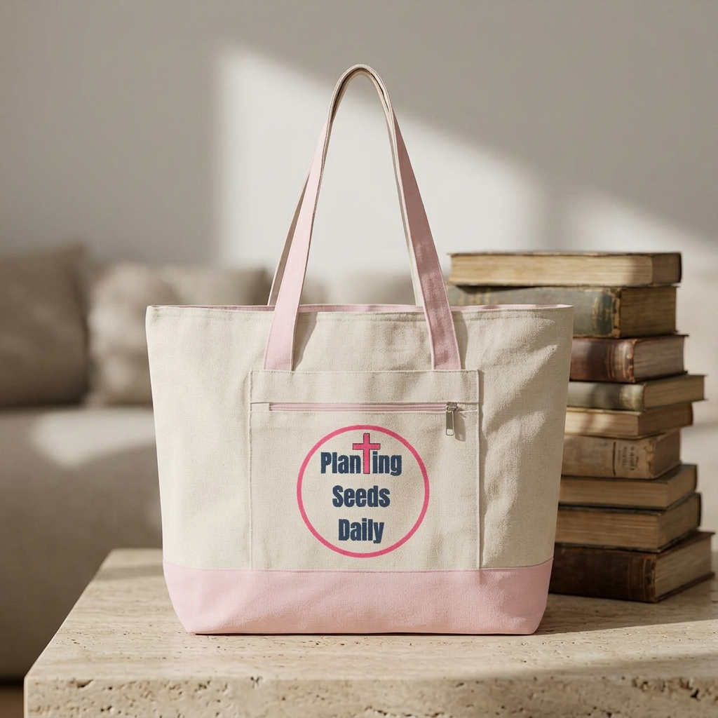 Planting Seeds Daily | Christian Zippered Canvas Tote | Jesus Cross Inspirational Gift for Her