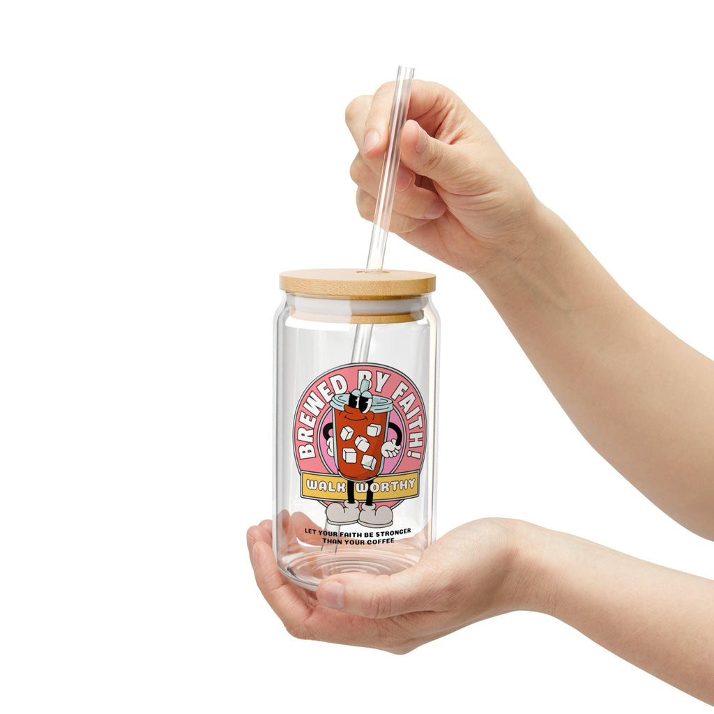 Christian Tumbler: "Brewed with Faith" Tempered Glass Summer Sipper