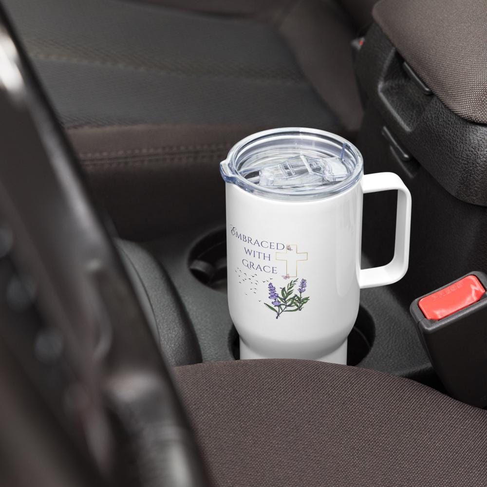 Embraced with Grace Christian Travel Mug | Lavender Floral Faith Tumbler