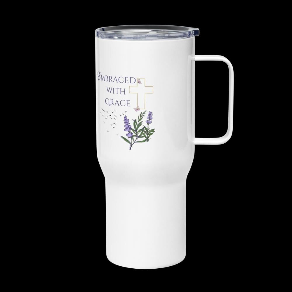 Embraced with Grace Christian Travel Mug | Lavender Floral Faith Tumbler