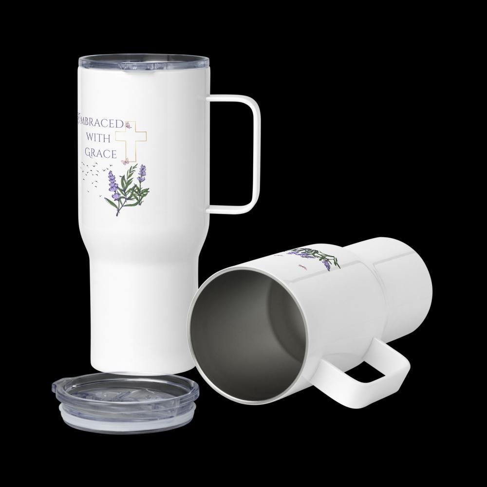Embraced with Grace Christian Travel Mug | Lavender Floral Faith Tumbler