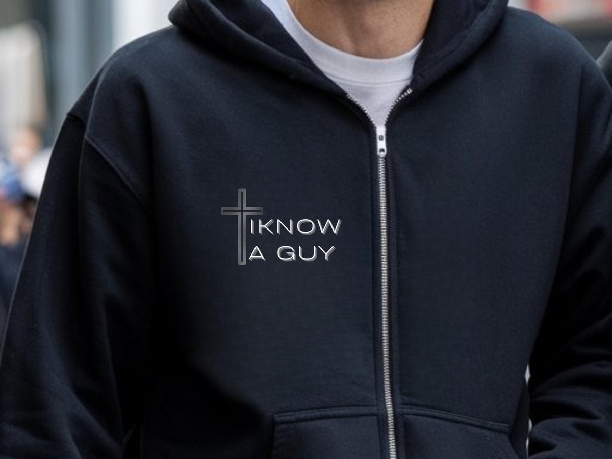 Unisex Christian 'I Know a Guy' Full-Zip Hoodie | Christ-Centered Cotton-Blend Sweater