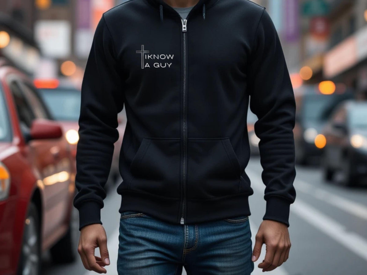 Unisex Christian 'I Know a Guy' Full-Zip Hoodie | Christ-Centered Cotton-Blend Sweater