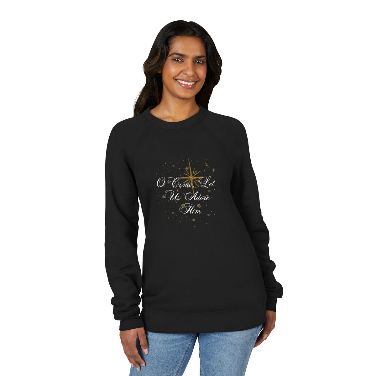 Christmas Christian Sweatshirt | 'O Come Let Us Adore Him' Sparkling Holiday Jesus Apparel for Women
