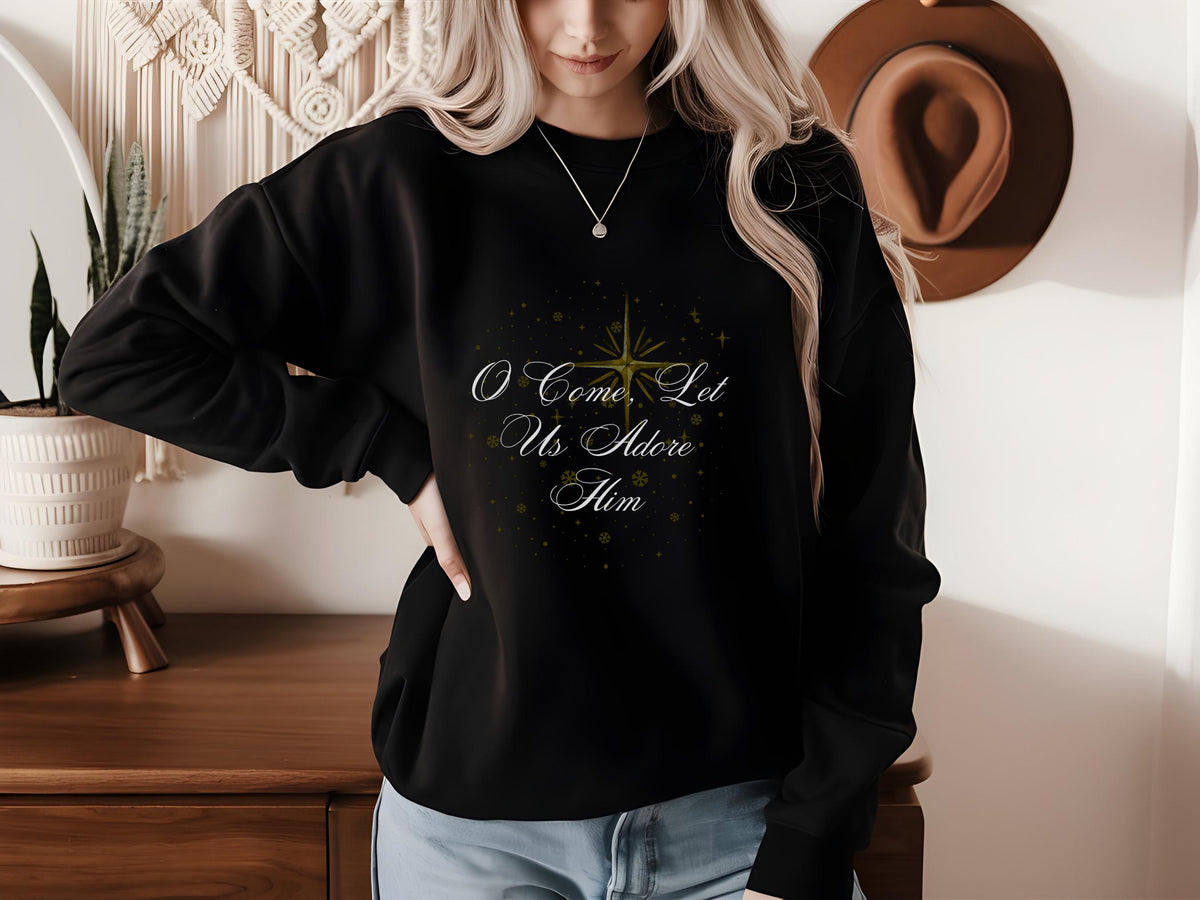 Christmas Christian Sweatshirt | 'O Come Let Us Adore Him' Sparkling Holiday Jesus Apparel for Women