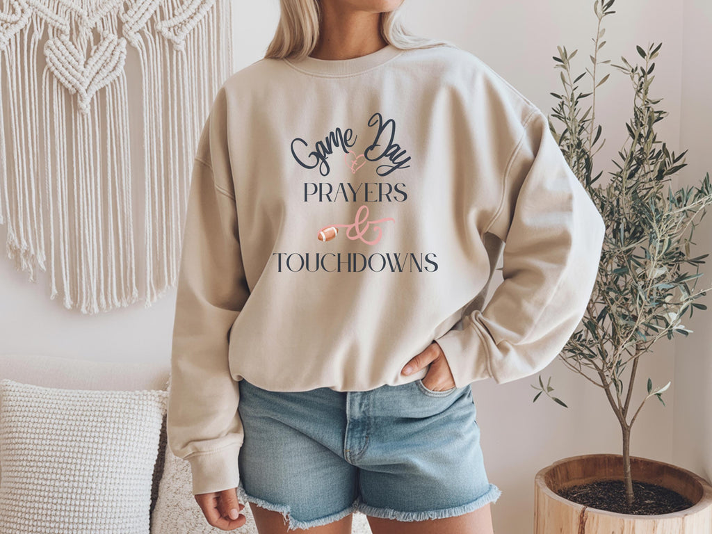 Christian Football Sweatshirt for Women | Game Day Prayers and Touchdowns Crewneck Faith Sweater