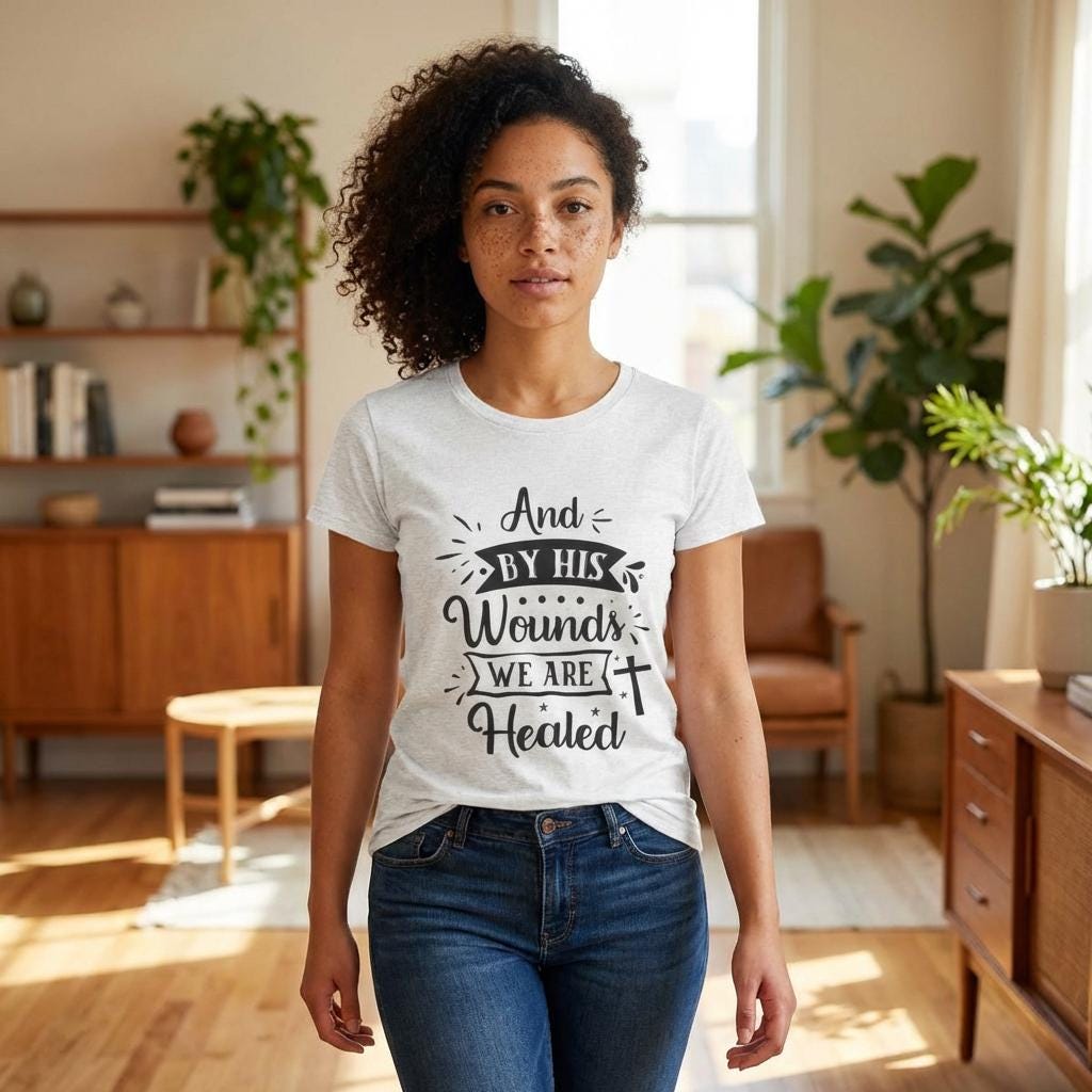 By His Wounds We Are Healed T-Shirt | Christian Cross Faith Tee
