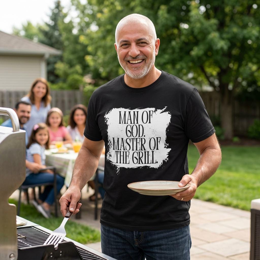 Man of God Master of Grill T-Shirt | Faith BBQ Christian Tee | Gift for Him