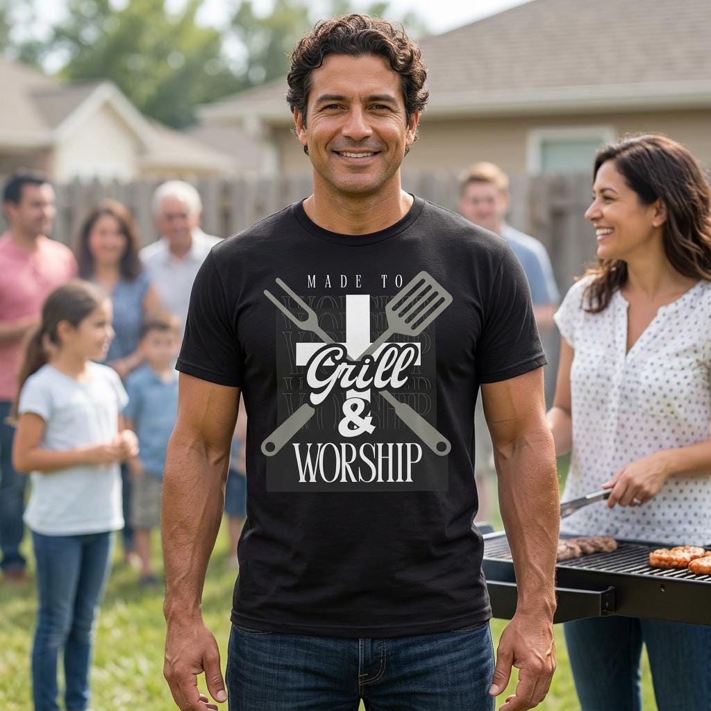 Christian Mens Grill & Worship T-Shirt | Faith Gift for Him