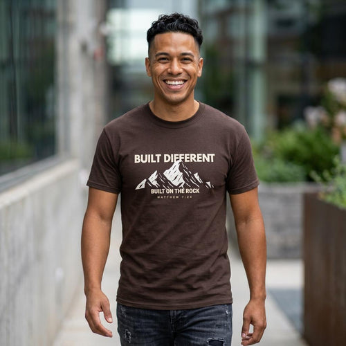Built Different Christian Graphic Tee | Built on the Rock | Matthew 7:24 Scripture Shirt