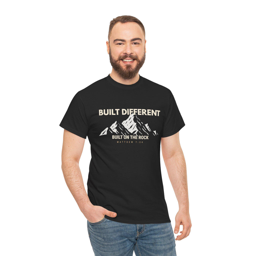 Built Different Christian Graphic Tee | Built on the Rock | Matthew 7:24 Scripture Shirt