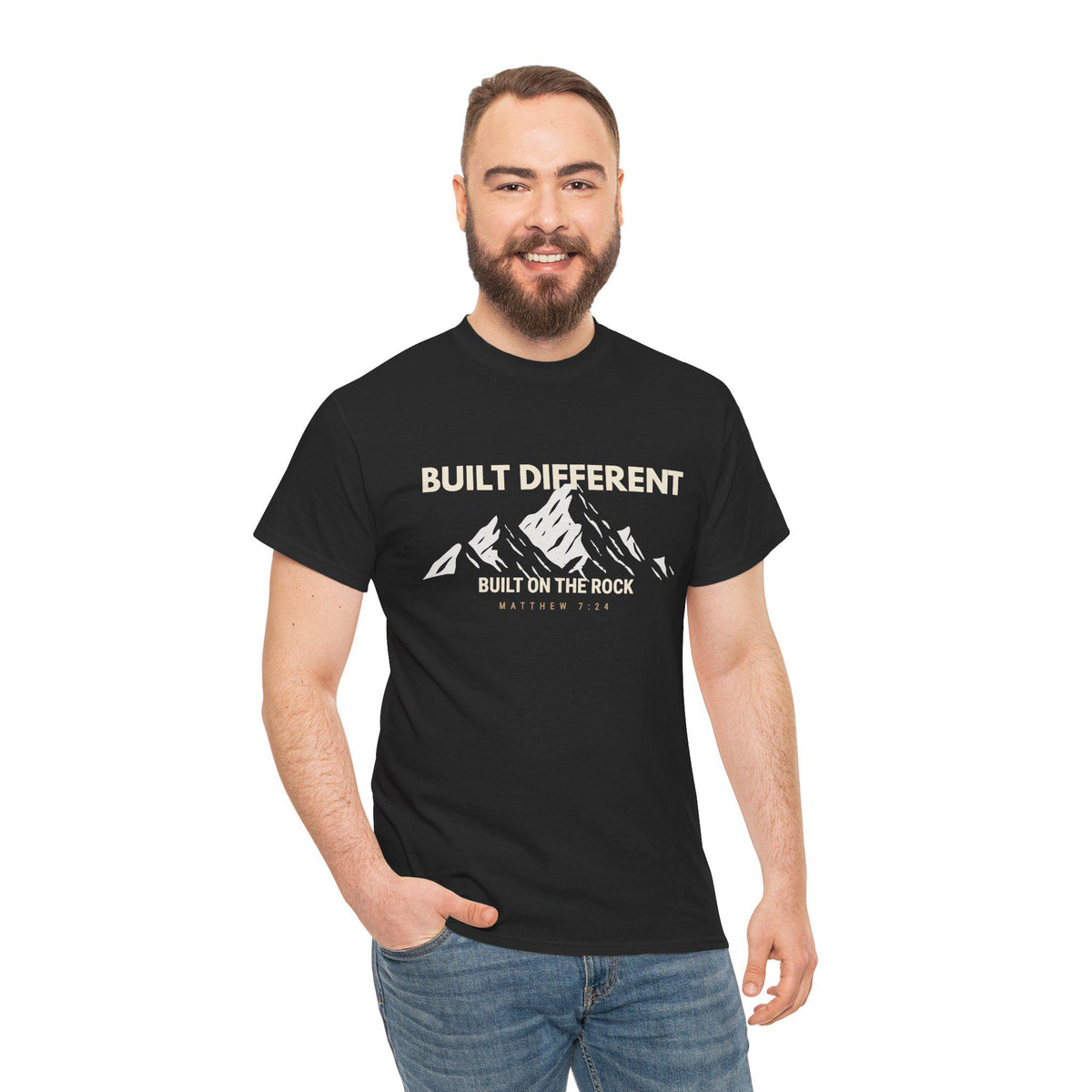 Built Different Christian Graphic Tee | Built on the Rock | Matthew 7:24 Scripture Shirt