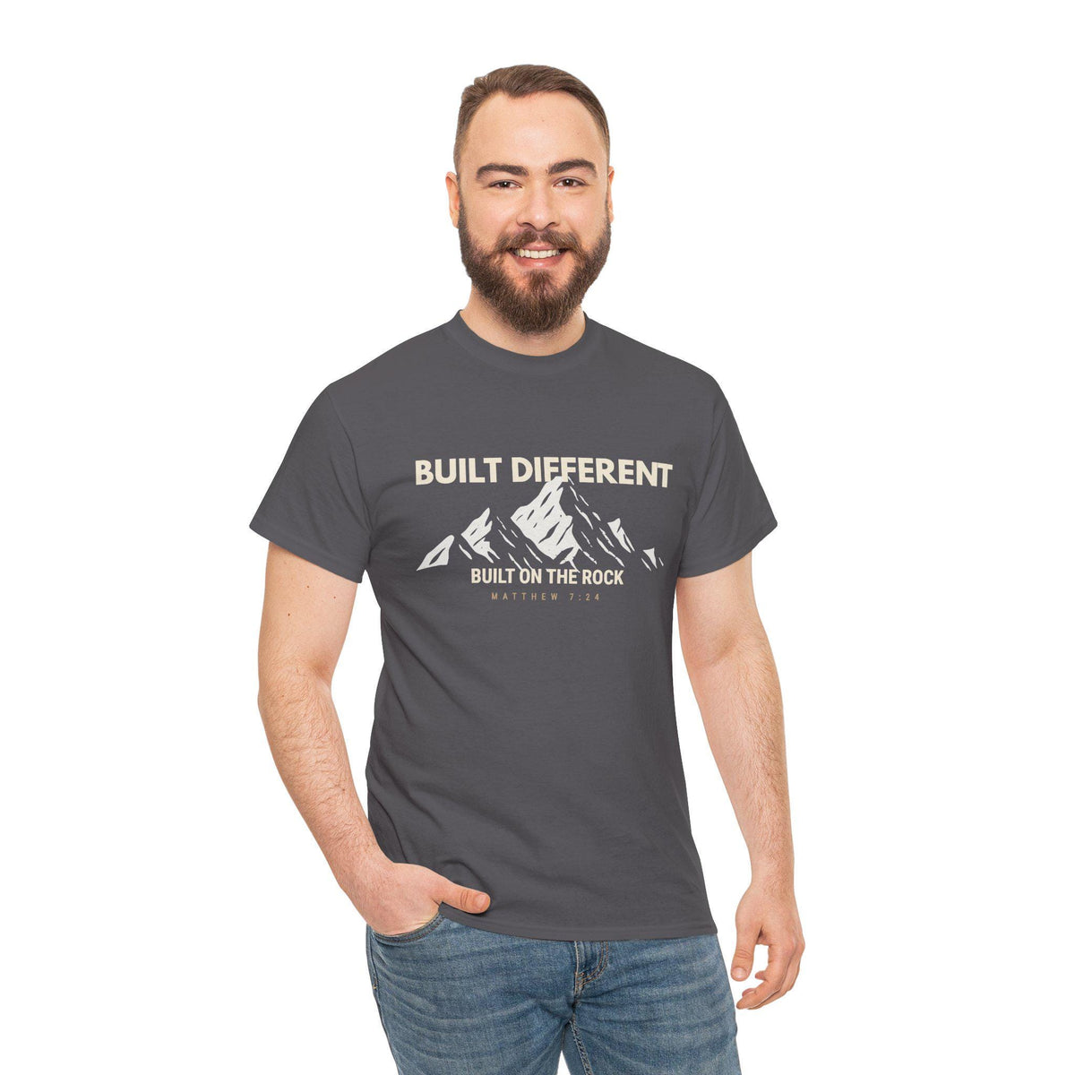Built Different Christian Graphic Tee | Built on the Rock | Matthew 7:24 Scripture Shirt