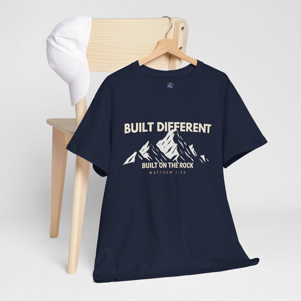Built Different Christian Graphic Tee | Built on the Rock | Matthew 7:24 Scripture Shirt