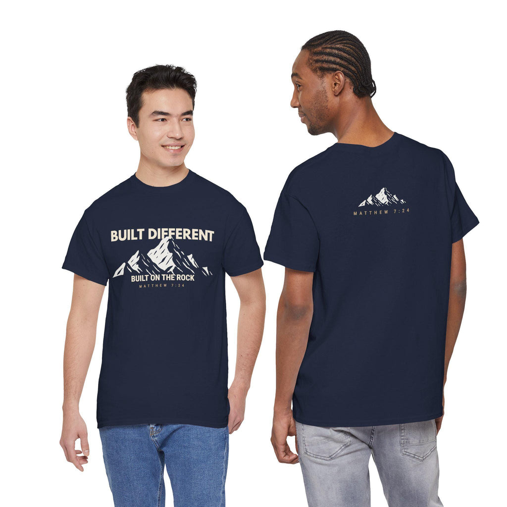 Built Different Christian Graphic Tee | Built on the Rock | Matthew 7:24 Scripture Shirt