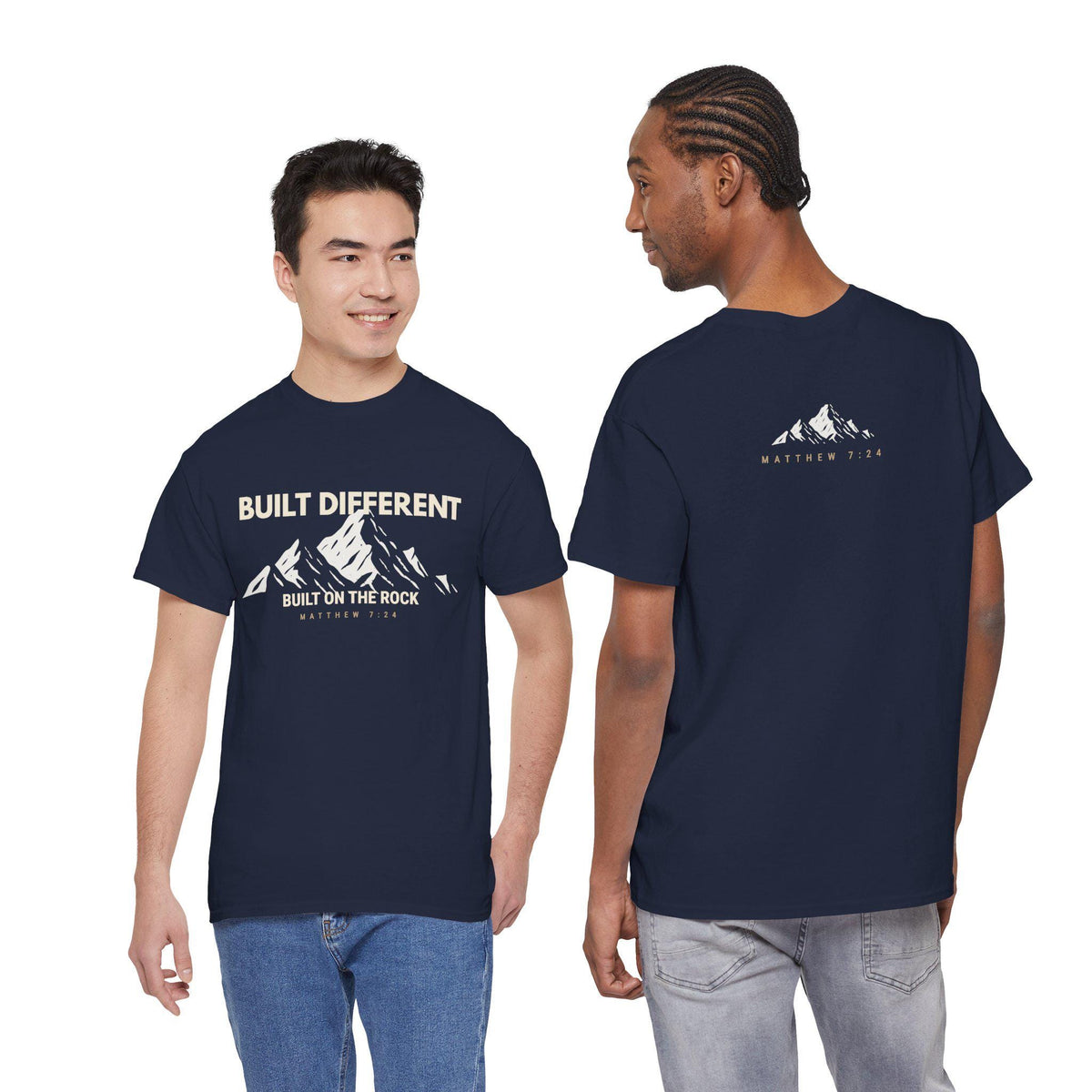 Built Different Christian Graphic Tee | Built on the Rock | Matthew 7:24 Scripture Shirt