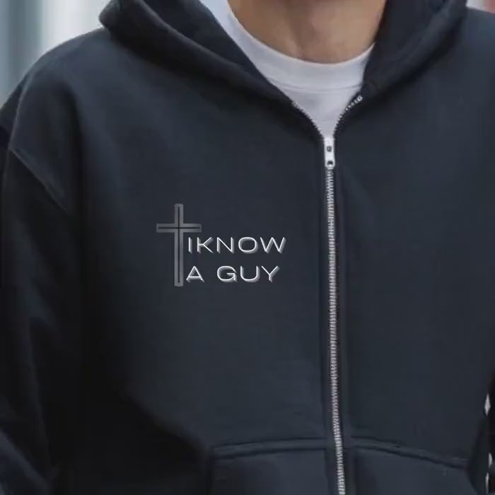 Unisex Christian 'I Know a Guy' Full-Zip Hoodie | Christ-Centered Cotton-Blend Sweater