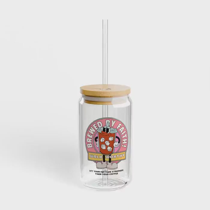 Christian Tumbler: "Brewed with Faith" Tempered Glass Summer Sipper