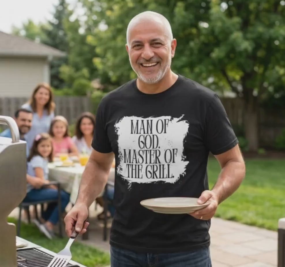Man of God Master of Grill T-Shirt | Faith BBQ Christian Tee | Gift for Him